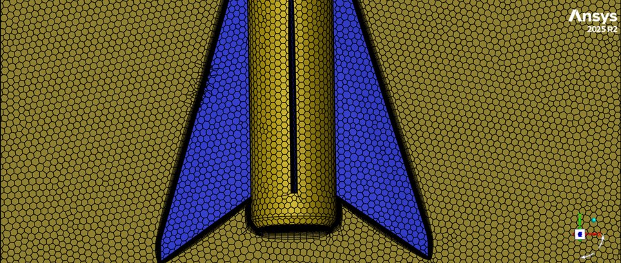 Poly-hexcore mesh around the fin can, fins shown in blue against the yellow field mesh.