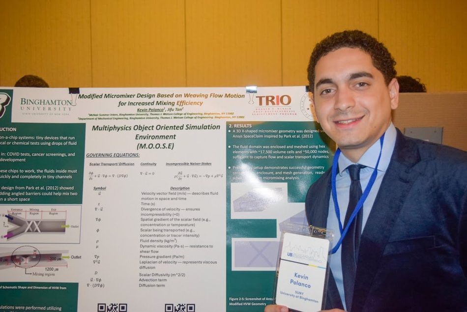 Kevin Polanco standing beside his research poster titled Modified Micromixer Design Based on Weaving Flow Motion for Increased Mixing Efficiency.