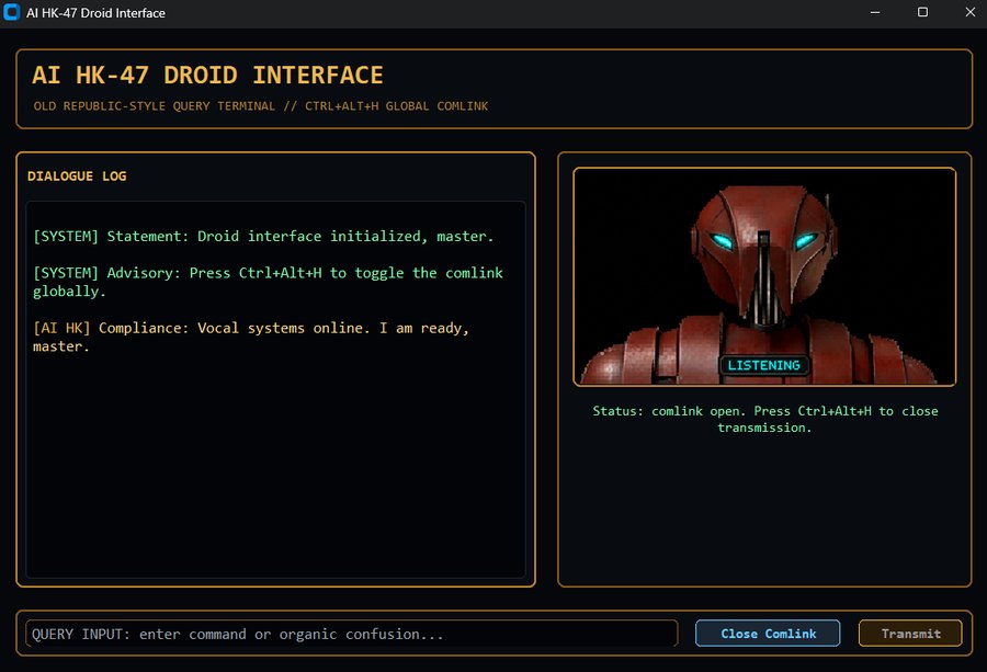 The AI HK window in its listening state, the droid portrait with cyan eyes and a LISTENING badge.