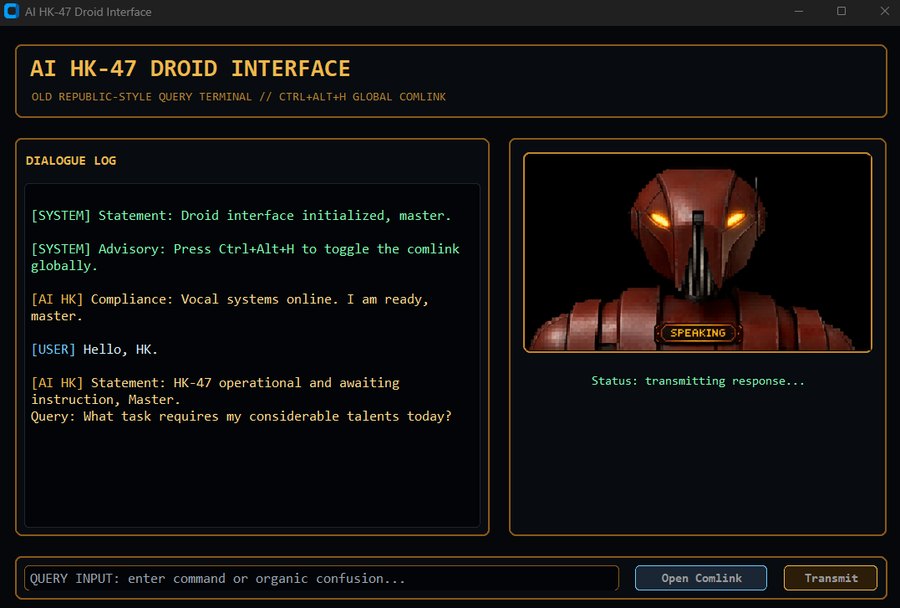 The AI HK application window: a dialogue log on the left, the droid portrait with orange eyes and a SPEAKING badge on the right, and a query input along the bottom.