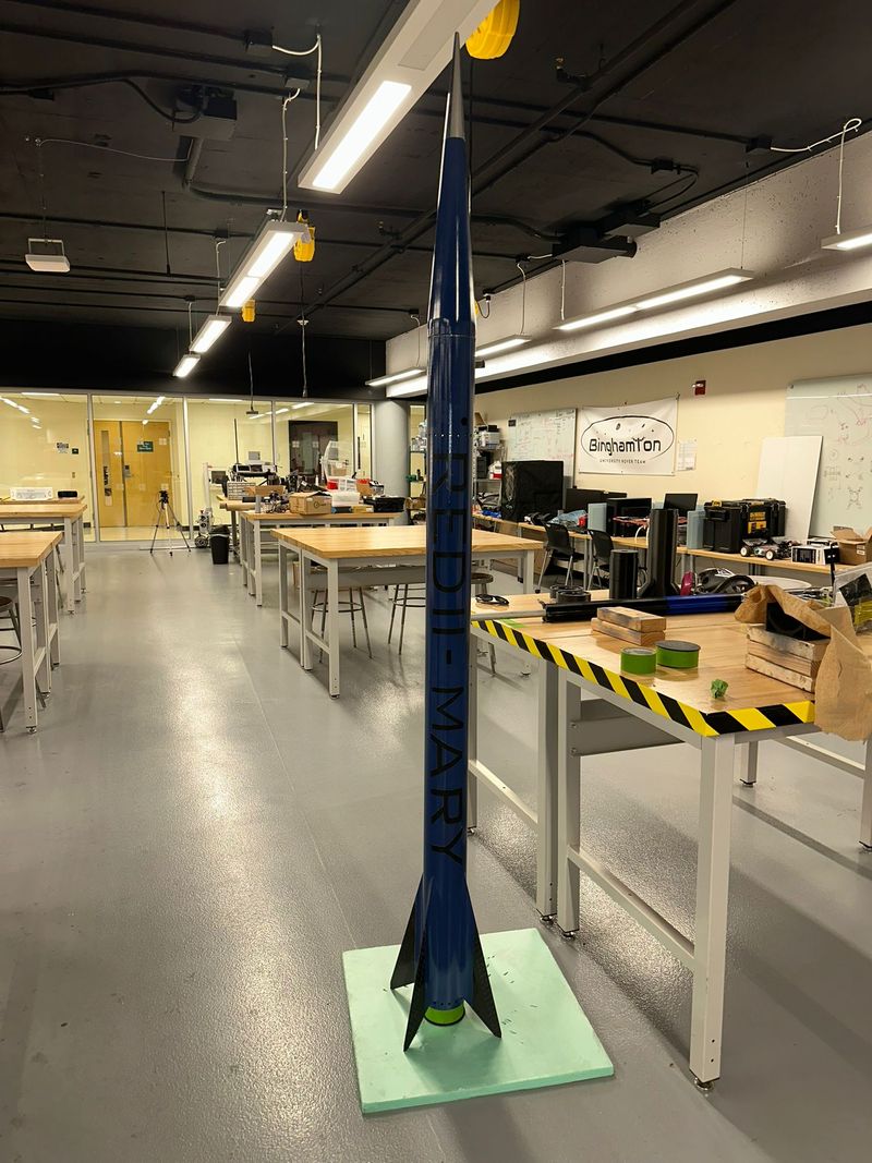 RED II Mary standing upright on its stand in the Binghamton engineering lab.