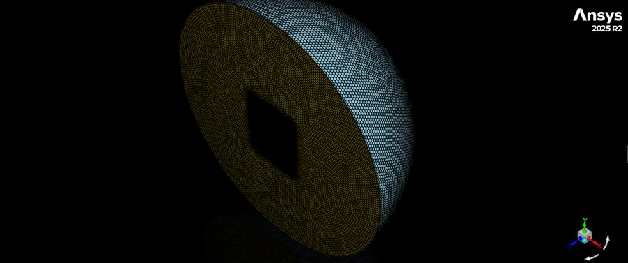 The spherical far-field domain meshed, with the rocket visible as a small void at its centre.