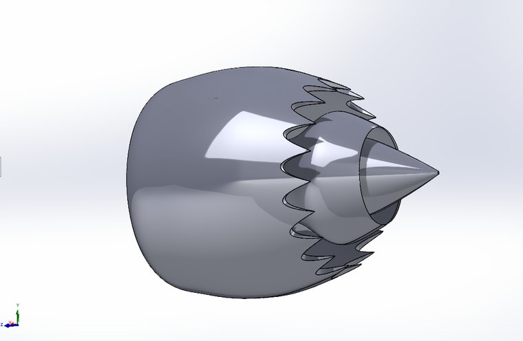 SOLIDWORKS render of the chevron turbofan nacelle with serrated triangular trailing edge scallops.