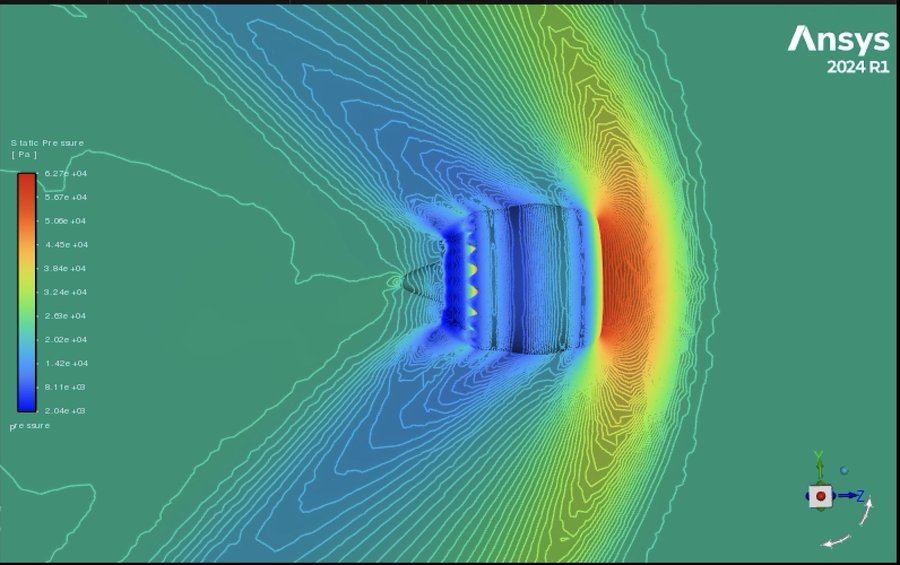Static pressure contour around the chevron nacelle, scale 2.04e3 to 6.27e4 pascals.