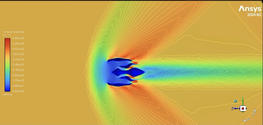 Velocity magnitude contour around the nacelle showing the exhaust jet extending downstream, scale 0 to 696 metres per second.